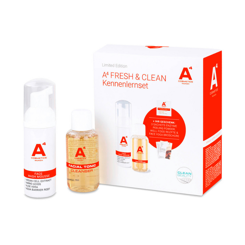 A4 Cosmetics Fresh & Clean Kennenlernset, A4 Cosmetics Face Wash Mousse, A4 Cosmetics Facial Tonic Cleanser, A4 Cosmetics Enzyme Peeling Powde